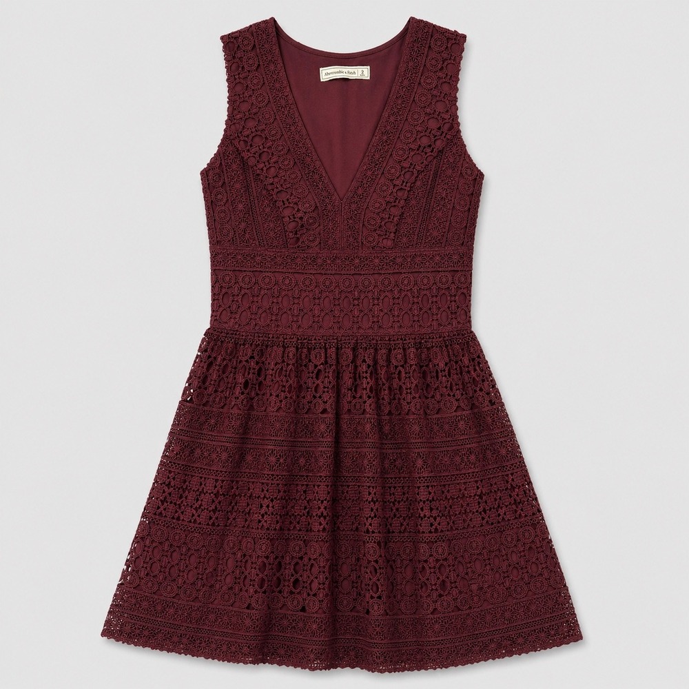 Abercrombie & Fitch Womens 2 Burgundy Crochet Lace V-Neck Fit & Flare Mini Dress
